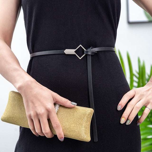 New Women Leather Small Knot Thin Belt Metal Round Triangle Buckle Wai –  Callantha